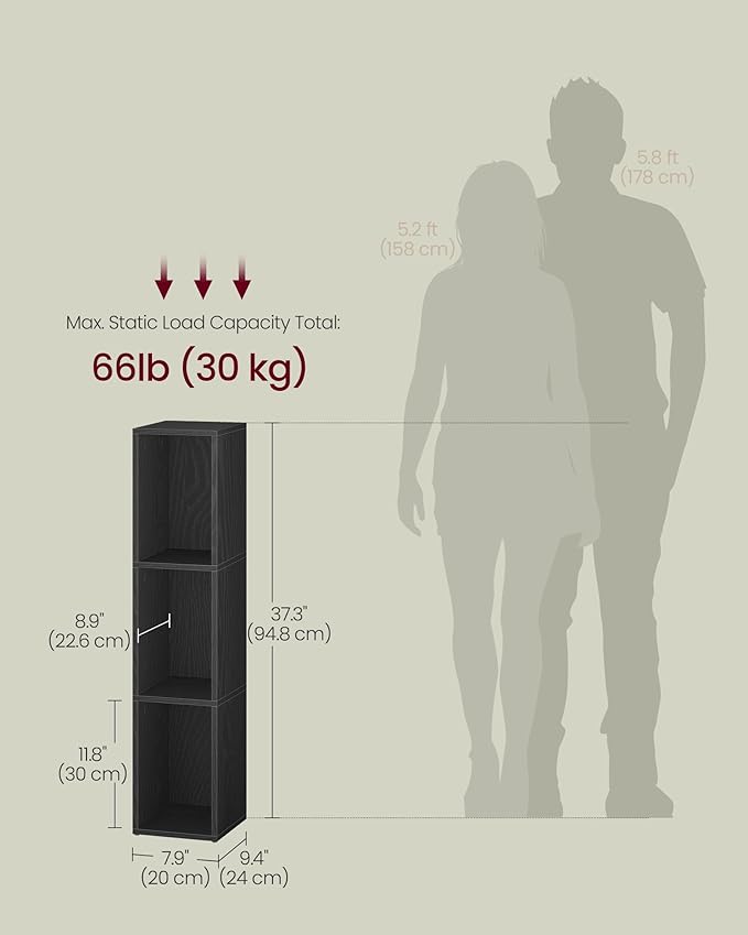 VASAGLE Custos Collection - Bookshelf, 3-Tier Bookcase, Book Shelf, Open Storage Shelf, 9.4 x 7.9 x 37.3 Inches, for Living Room, Home Office, Dining Room, Ebony Black ULBC523B01