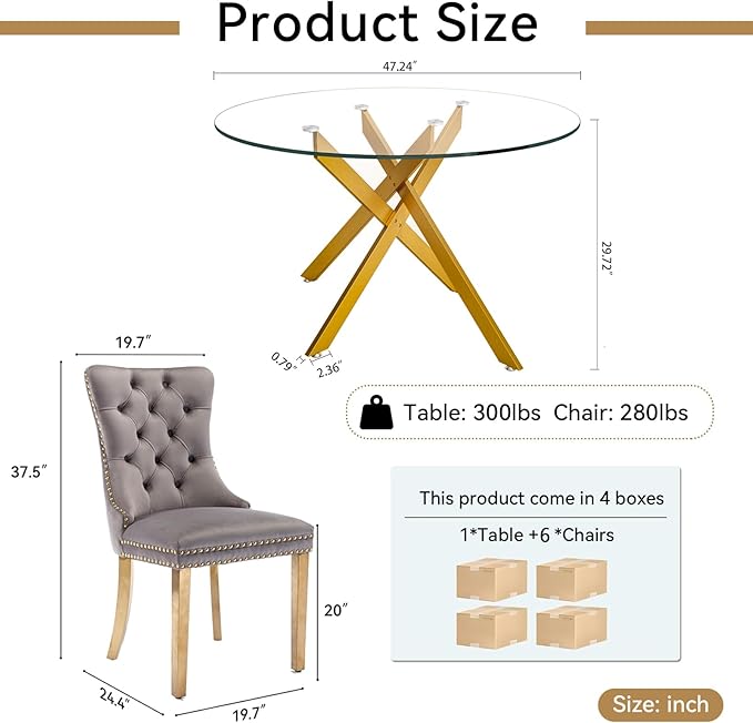 Goujxcy Round Dining Table Set for 6, Modern Glass Kitchen Table and Chairs Set of 6, 7-Piece Dining Room Table Set w/47 Circle Gold Glass Dining Table and 6 Upholstered Velvet Chairs