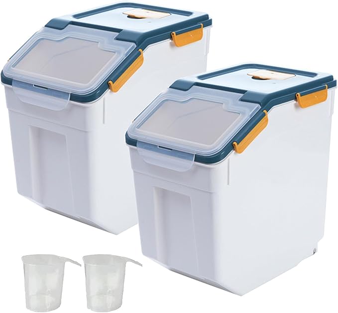 50 lbs Flour Storage Container, 2 Pack Rice Storage Container with Measuring Cup & Scoop, Pet Food Storage Container Dog Cat Food Bin, Blue