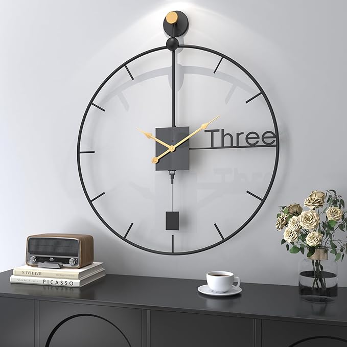 30 inch Large Wall Clocks Battery Operated Wall Clock with Pendulum, Silent Non-Ticking Metal Clock for Living Room Decor, Modern Decorative Hanging Clock for Bedroom, Office, Kitchen, Home