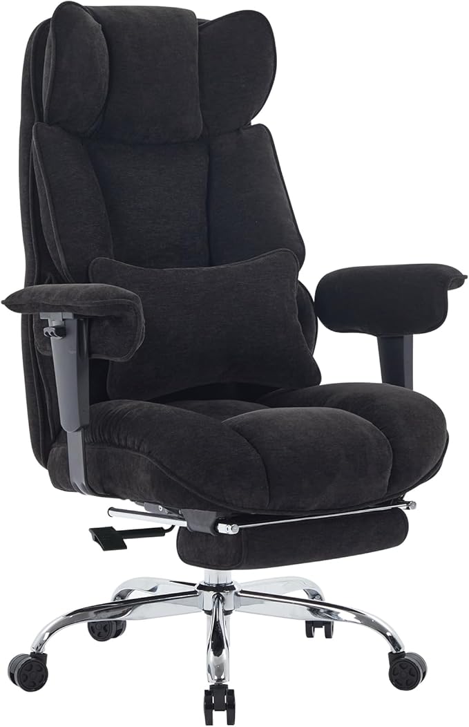 Efomao Executive Office Chair, Soft-Cushioned Computer Chair with Foot Rest, Fabric Home Office Desk Chairs, Big and Tall Office Chairs, Black