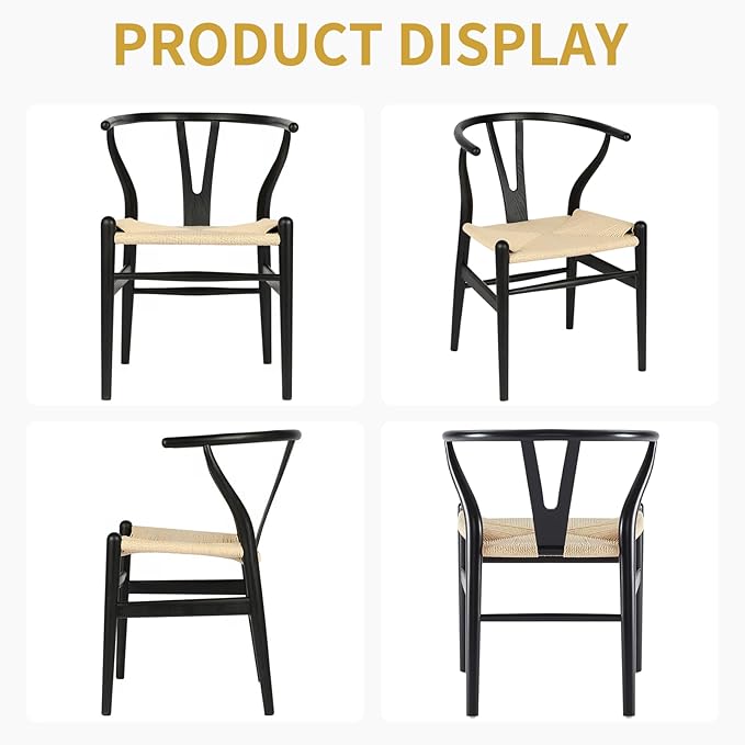 Wishbone Chair Natural Solid Wood Dining Chair/Hans Wegner Y Chair Rattan and Wood Accent Armrest Chairs - Ash Wood Chairs Set of 4 (Ash Wood - Black + Natural Color)