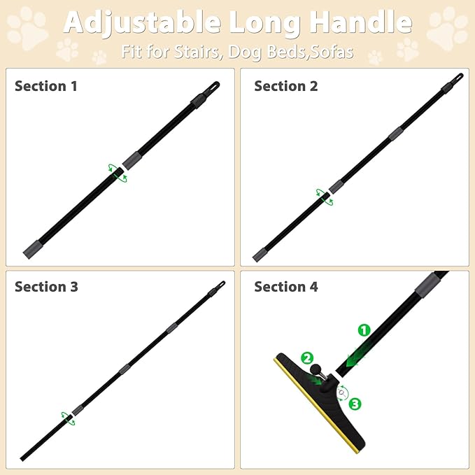B-Land Carpet Rake for Pet Hair Removal, Reusable Pet Hair Remover with 60” Adjustable Long Handle, Carpet Scraper Dog Cat Hair Remover Tool for Rugs, Mats, Couch, Furniture-Black Pole