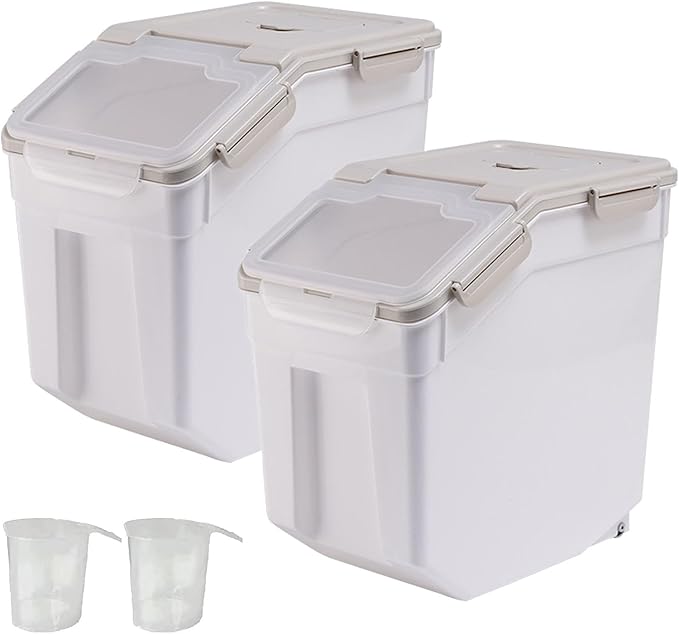 50 lbs Flour Storage Container, 2 Pack Rice Storage Container with Measuring Cup & Scoop, Pet Food Storage Container Dog Cat Food Bin, Grey