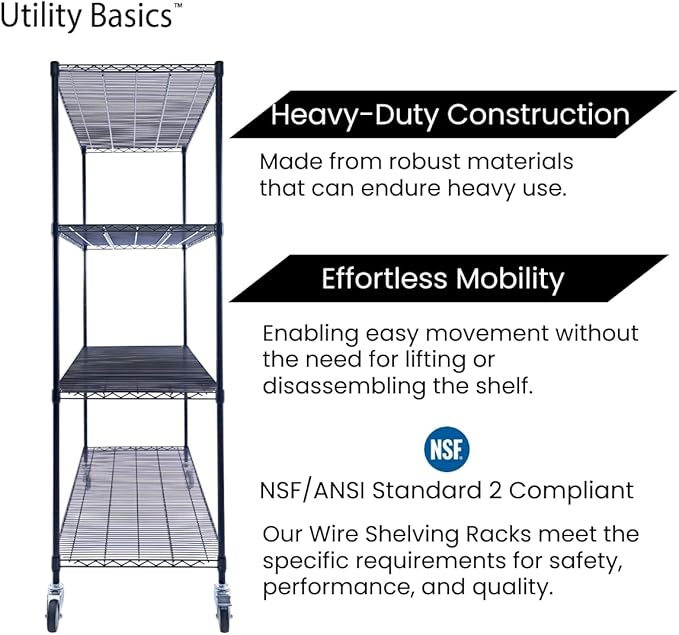NSF Commercial 4-Tier Wire Shelving with Wheels, 60"x24"x72" Heavy Duty Metal Shelves 3200 lbs Max Capacity, Black Storage Rack for Garage Kitchen Pantry Warehouse