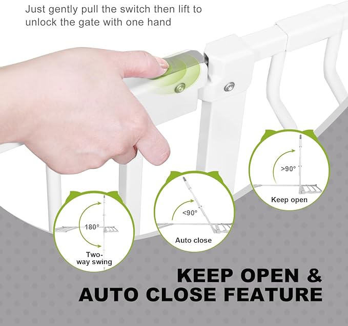 Baby Gates with Cat Door - Auto Close 29.5"-48.4" Safety Metal Dog Pet Gate for Doorway, Stairs, House, Walk Through Child Gate with Pet Door, includes 4 Wall Cups and 2 Extension Pieces