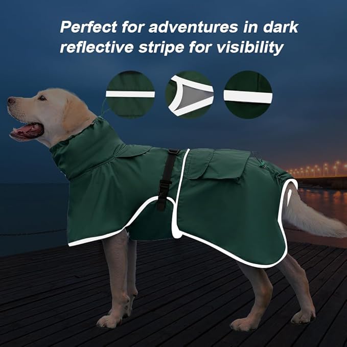 Waterproof Dog Raincoat Adjustable Dog Hooded Slicker Poncho Raincoat for Medium Large Dogs, Reflective Dog Rain Jacket(Green, 5XL)