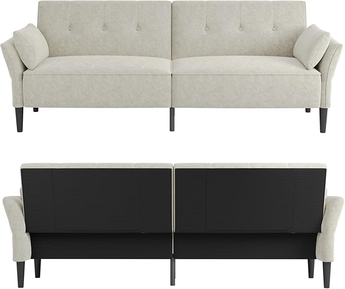 89” Futon Sofa Bed, Comfy Futon Couch Bed with 2 Square Pillows,Convertible Sleeper Sofa with Adjustable Backrest& Armrests, Modern Loveseat Sleeper for Living Room,Velvet Fabric White