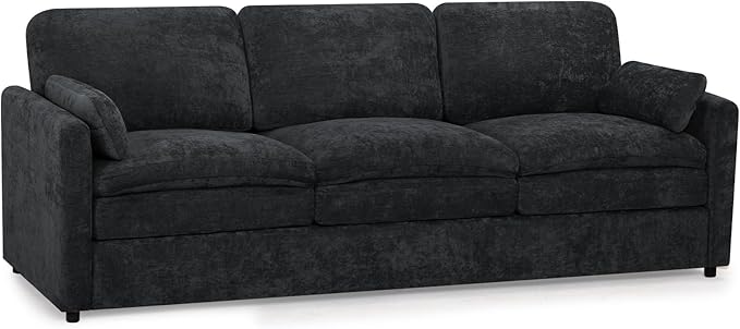 89” Chenille Sofa w/Arm Pillows, Upholstered 3-Seater Sofa w/Comfortable Back Cushions, Modern 3 Seats Couch w/High-Density Foam for Living Room, Apartment, Office, Black