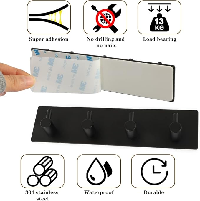 Picowe Key Holder for Wall Decorative, Adhesive Stainless Steel Key Hooks, Key Hanger Key Organizer for Wall, Towel Hook Coat Hanger for Entryway Hallway Kitchen(Four Rows,Black 1PCS)