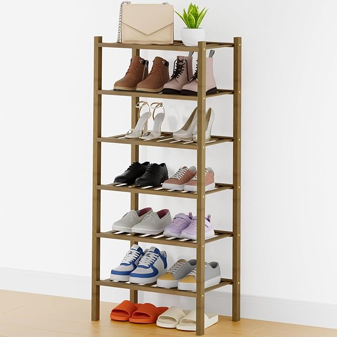 Smiry Shoe Rack, 6 Tier Thick Small Bamboo Shoe Organizer, Stackable Free Standing Wooden Shoe Storage Shelf for Closet, Entryway, Front Door Entrance, Walnut