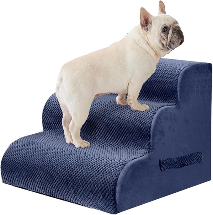 PAWSCART Dog Stairs for Small Pets, 17.7" H with 30D Material Soft Foam, Portable Ramp Non-Slip Surface Non-Slip for Couch and High Bed Climbing, 3-Step Stairs for Cat or Dog, Blue