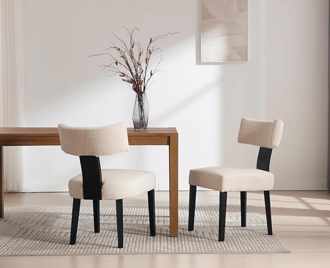 Black Wooden Dining Chairs Set of 2, Upholstered Beige Linen Kitchen & Dining Room Chairs with Mid Back Modern Wood Accent Side Chairs for Living Room/Home Office/Reception
