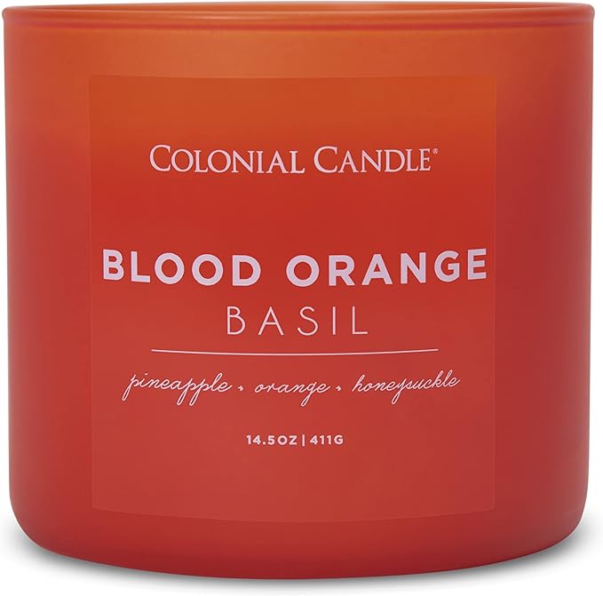 Colonial Candle Blood Orange Basil Scented Jar Candle, Pop of Color Collection, 3 Wick, Orange, 14.5 oz - Up to 60 Hours Burn