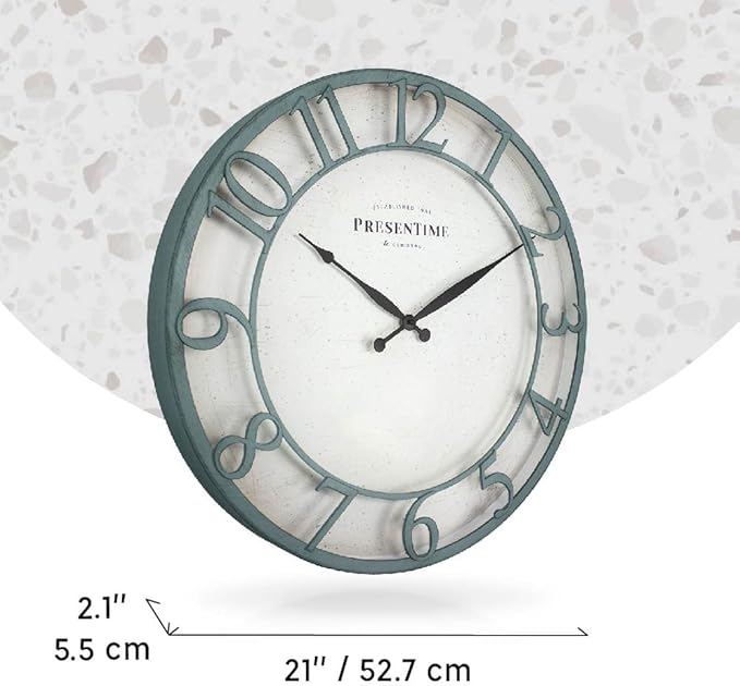 Presentime & Co 21" Farmhouse Series Wall Clock,Vintage Style, Retro Clock, Raised 3D Arabic Numeral, Aged Teal Finish. Wall Décor for Living Room and entryway.