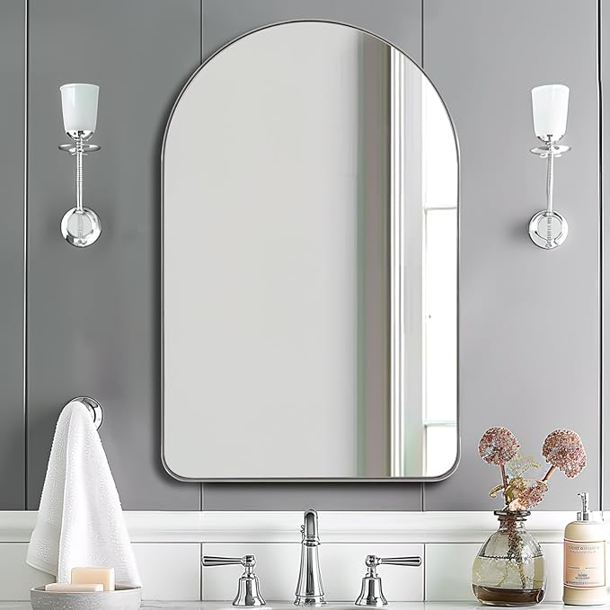 ANDY STAR 30 x 40 Inch Arched Mirror, Bathroom Mirror in Stainless Steel Metal Frame, Arch Top Rounded Corner Set Design Wall Mount Hangs Vertical