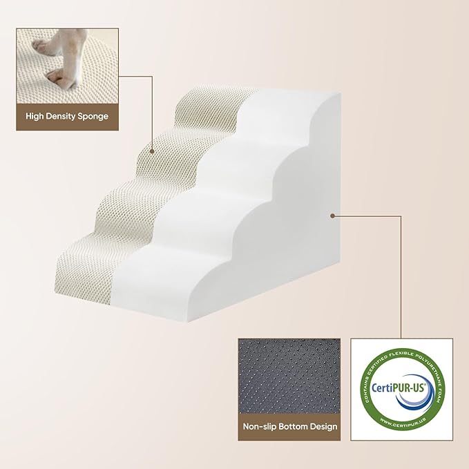 PAWSCART Dog Stairs for Small Pets, 11.8" H with 30D Material Soft Foam, Portable Ramp Non-Slip Surface Non-Slip for Couch and High Bed Climbing, 2-Step Stairs for Cat or Dog, Beige