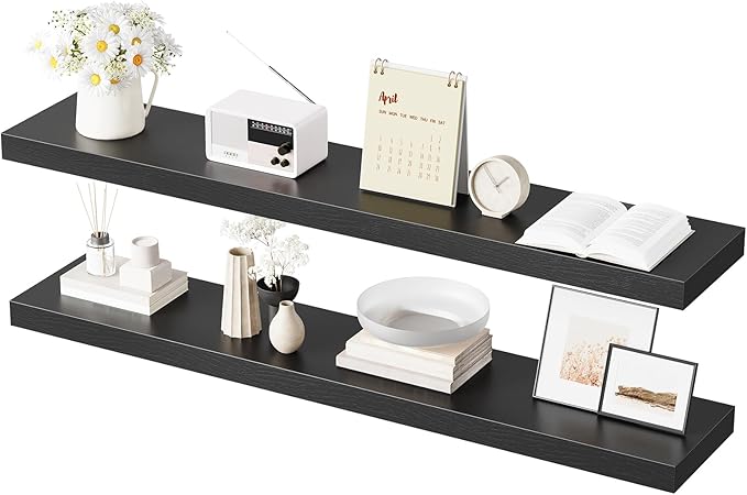 HOOBRO Floating Shelves for Wall, Wall Mounted Shelf Set of 2, 47.2" Hanging Shelf with Invisible Brackets, for Wall in Bathroom, Bedroom, Toilet, Kitchen, Living Room, Office, Black BK120BJP201