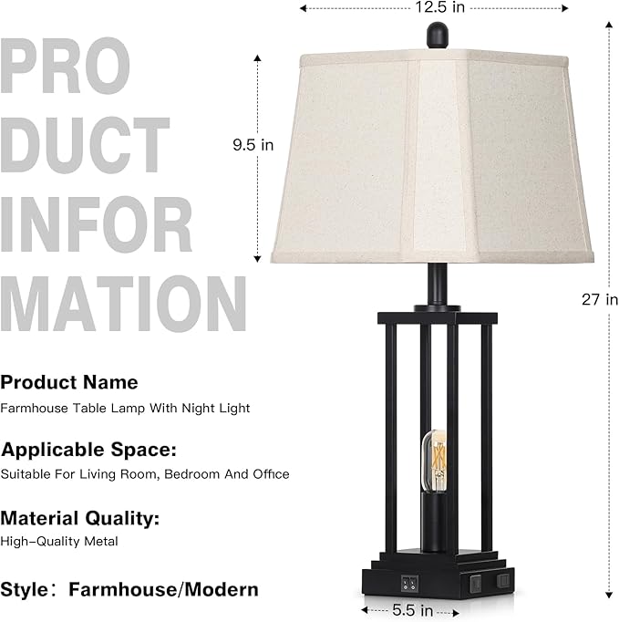 27" Tall Farmhouse Table Lamps with Bell Lampshade, Black Industrial Living Room Lamps Set of 2 with Night Light, Rustic Bedside Lamp with USB C+A Port & AC Outlet, Vintage Bedroom Lamp for Nightstand