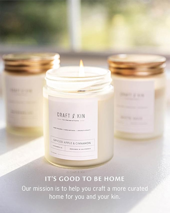 Craft & Kin Apple and Cinnamon Christmas Scented Candles | 8 Oz, 45-Hour Long Lasting | Classic Soy Winter Candle with Wood Wick | Made with Natural Soy | Holiday Candles Gifts for Men and Women