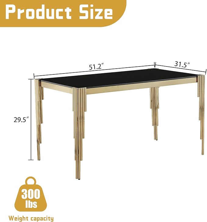 51" Rectangle Glass Dining Table, Modern Kitchen Table with Tempered Glass Top and Tubular Stainless Steel Legs for 4-6, Easy Assembly for Kitchen, Dining Room (Black, Gold)