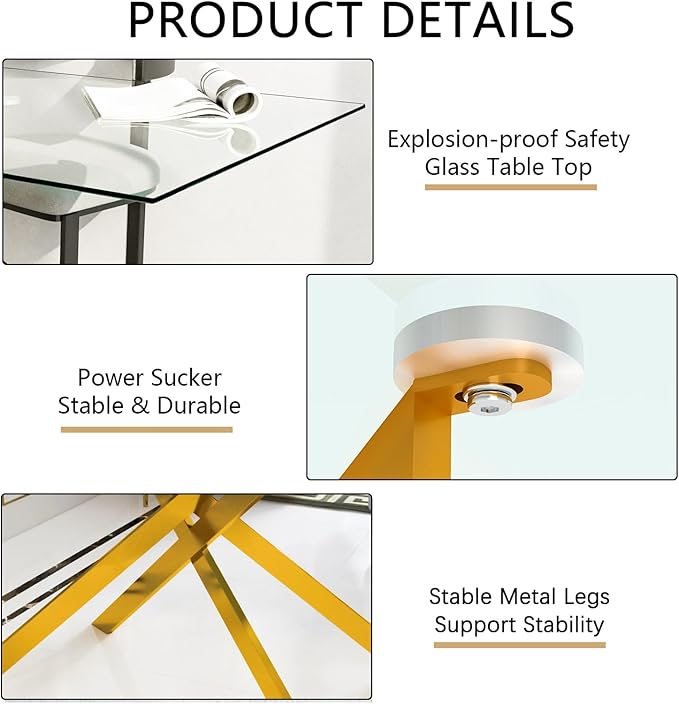 51" Rectangular Glass Dining Table Modern Kitchen Glass Top Table for 4 with Gold Metal Legs, Clear Dining Table Kitchen Table for Home Office Dining Room