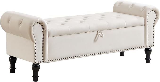 Storage Bench for Bedroom, 51" Upholstered End of Bed Bench, Velvet Queen Size Benches with Rolled Arms, Tufted Button Storage Long Ottoman, Living Room, Entryway, Beige