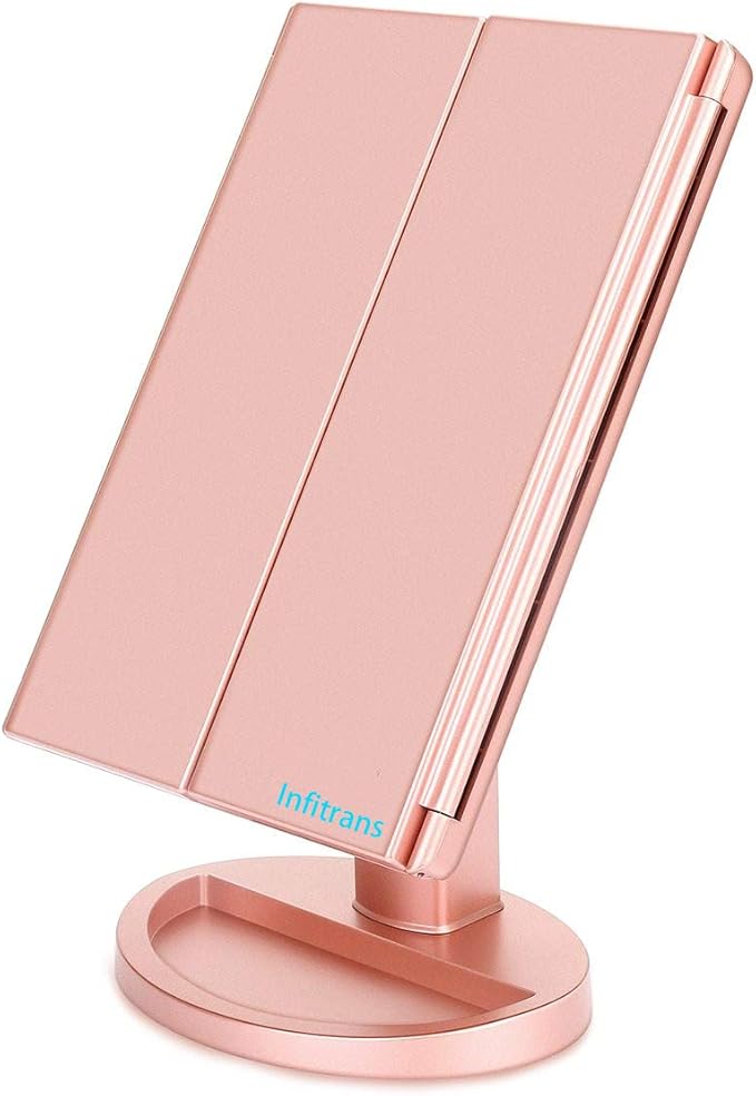 Trifold Makeup Mirror Vanity Mirror with Lights,1X 2X 3X Magnification,Touch Screen,180 Adjustable Rotation,Portable Travel Bathroom Cosmetic Mirror