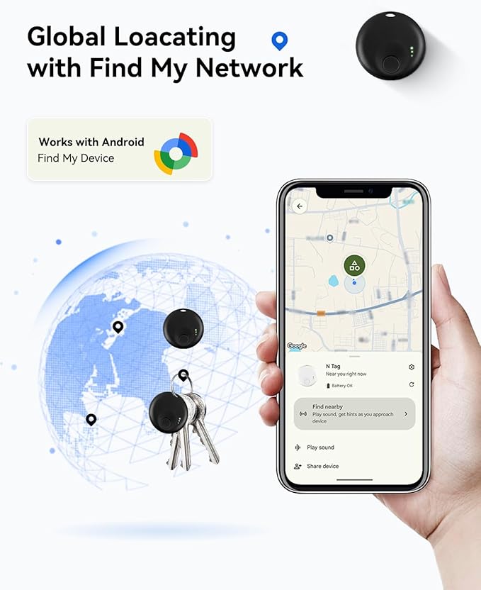Android Tracker Tags, Google Bluetooth Tracker, Smart Tag Tracking Device, Item Finder for Keys, Wallet, Luggage, Pets, Replaceable Battery (1 PC Android only)