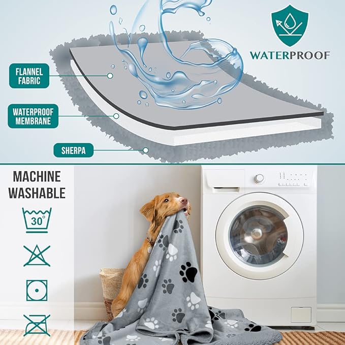 PetAmi Waterproof Dog Blanket for Medium Large Dogs, Pee Proof for Couch Bed, Reversible for Puppy Indoor Cat, Soft Fleece Washable, 40x60 Paw Gray