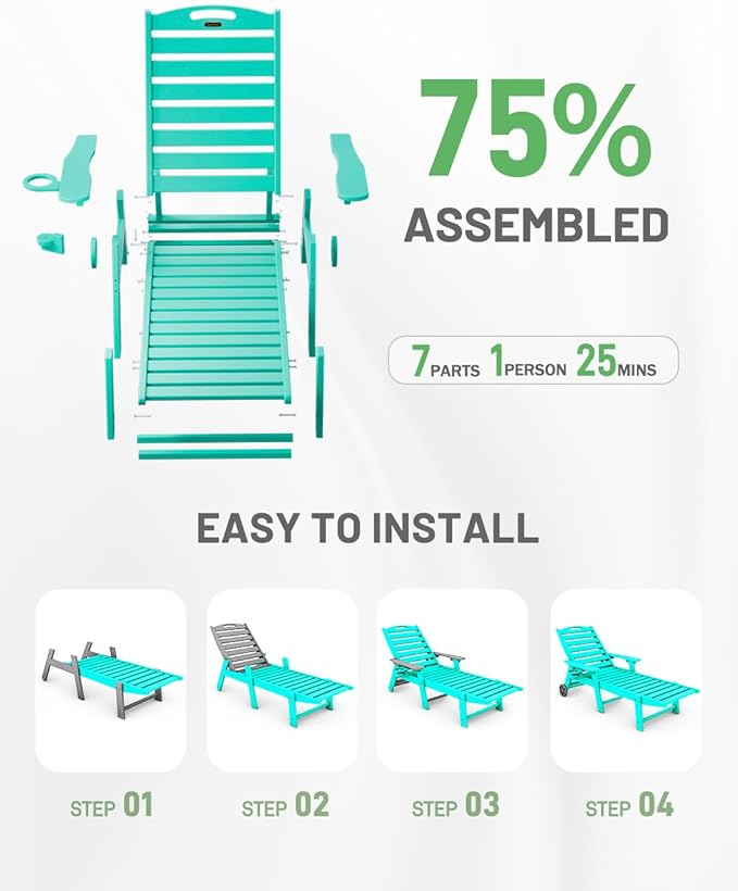 Lounge Chair Outdoor Set of 4 with Wheels, Adjustable 6-Position Chaise Lounge Outdoor, Patio Lounge Chair for Poolside Backyard, Lake Blue