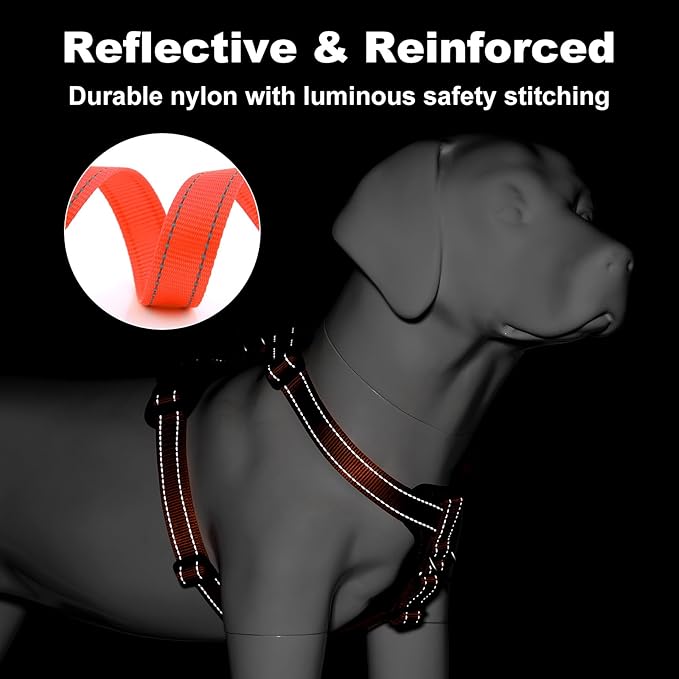 Plutus Pet Adjustable No Pull Dog Harness with Leather Accents, Heavy Duty Reflective Nylon Vest for Training, Hiking, Easy Walk Harness for Small, Medium, Large Dogs (Orange, M)