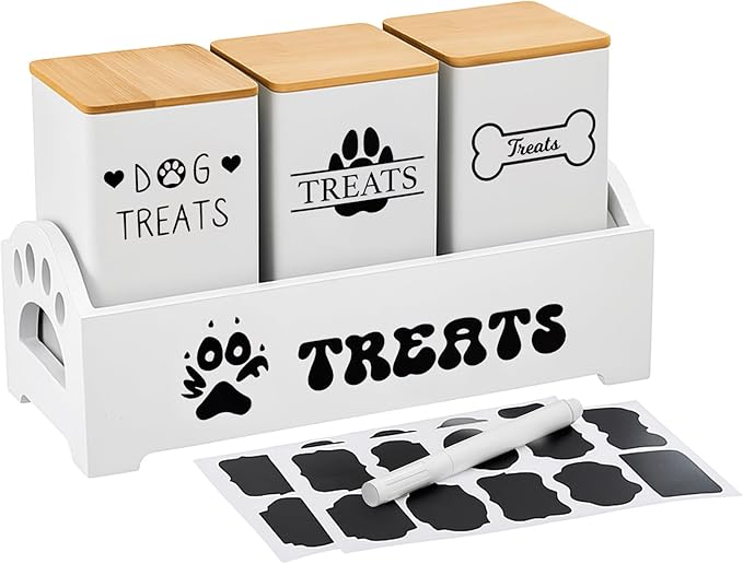 Weysat Dog Treat Container Set for Countertop Includes 3 Metal Treat Jars, 1 Food Storage Tray with Sticker and Pen Farmhouse Pet Food Storage Organizer Gift for Pet Dog Owners