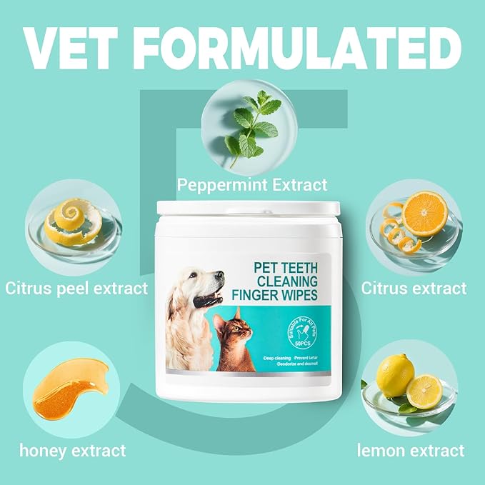 Teeth Cleaning Finger Wipes for Dogs & Cats,Dental Cleaning Wipes for Dogs and Cats,Pet Teeth Cleaning Finger Wipes,Reduces Plaque and Freshens Breath, Removes Tartar, Disposable Wet Wipes 50ct