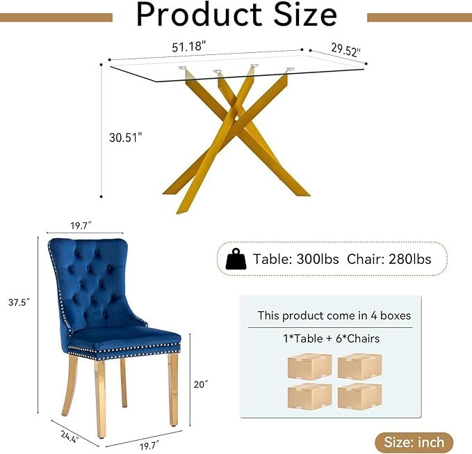 Goujxcy Glass Dining Table Set for 6, Modern Kitchen Table and Chairs Set of 6, 7-Piece Kitchen Dining Room Table Set w/51 Glass Gold Dining Table and 6 Blue Velvet Upholstered Chairs
