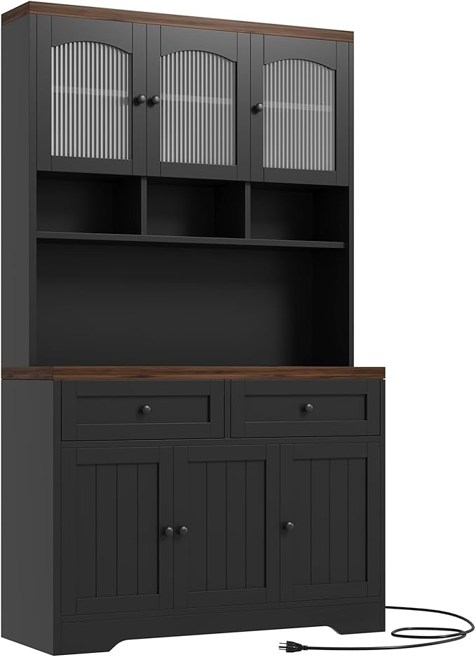 Garvee 71" Pantry Cabinet with Charging Station, Tall Kitchen Pantry Storage Cabinet with Microwave Stand, Farmhouse Kitchen Hutch with Storage Drawers for Living Room, Dining Room, Black