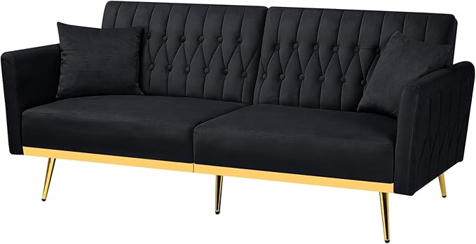 70” Velvet Futon Sofa Bed with 2 Pillows and Adjustable Armrests, Convertible Sleeper Bed W/Adjustable Backrests, Modern Loveseat for Living Room, Bedroom, Black