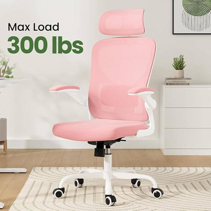Soohow Office Chair, Ergonomic Office Mesh Desk Chair with Adjustable Back Support, High Back Comfy Computer Swivel Chair with Headrest, Lumbar Support for Study Room, Gaming and Office, White & Pink