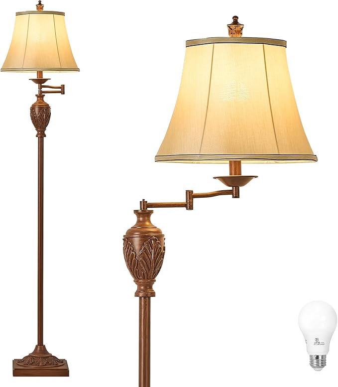 Traditional LED Floor Lamp with 350° Adjustable Swing Arm Lamp – Vintage Standing Pole lamp for Living Room, Bedroom and Office – Rustic Upright Floor Light for Home Décor with Faux Silk Fabric Shade