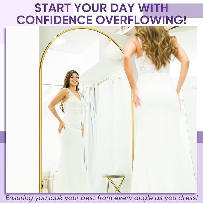 Full Length Mirror, 83"x44" Floor Mirror Freestanding, Oversized Floor Standing Full Body Mirror with Stand for Bedroom, Hanging Mounted for Living Room Cloakroom, Gold, Arched