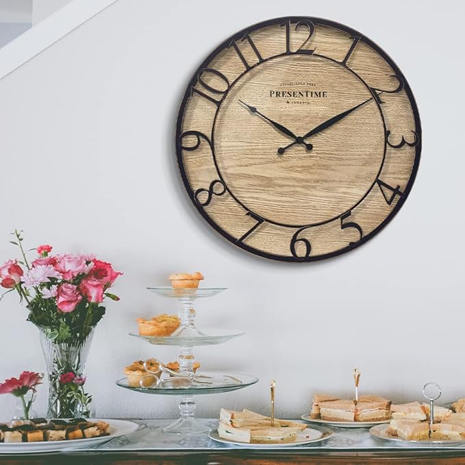 Presentime & Co 21" Farmhouse Series Wall Clock, Cottage Style, Vintage Design, Oil Rubbed Antique Bronze Finish. Wall Décor for Living Room, Dining Room, and Entryway.