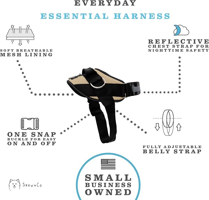 ShawnCo Essential Dog Harness, No-Pull Pet Vest with 3 Leash Clips, No Choke, Reflective, Adjustable and Padded, for Easy Walking and Training for Small, Medium and Large Dogs (Driftwood, S)