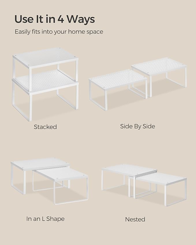 SONGMICS Spice Racks, Set of 2 Metal Cabinet Shelf Organizers, Countertop Organizers, Shelf Risers, Stackable, Expandable, White UKCS01WT