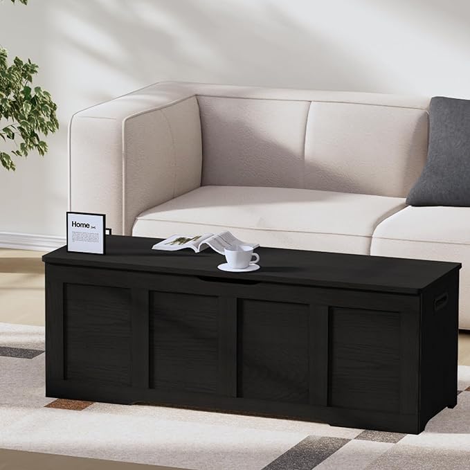 47.2" Storage Chest, Extra Large Storage Trunk with 2 Safety Hinges, Wooden Storage Bench, Shoe Bench, Entryway Bench for Living Room, Bedroom, Black