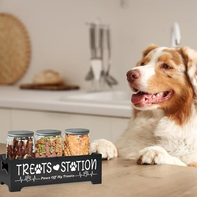 Dog Treat Container,Airtight Dog Food Storage Container with 3 Jars, Farmhouse Wood Dog Treat Jars, Pet Food Storage Containers for Dog, Cat or Small Animals(Black)