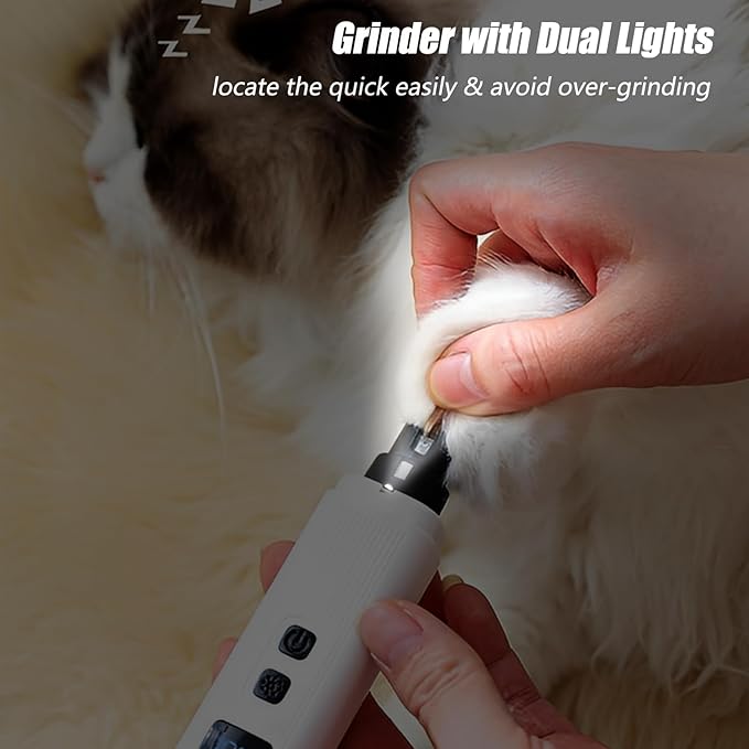 Dog Nail Grinder - 2 Speed Super Quiet and Low Vibration Electric Pet Nail Grinder - Rechargeable Dog Nail Trimmers for Small Dogs- Cat Nail Claw Clippers with 2 Level LED Lighting(White)
