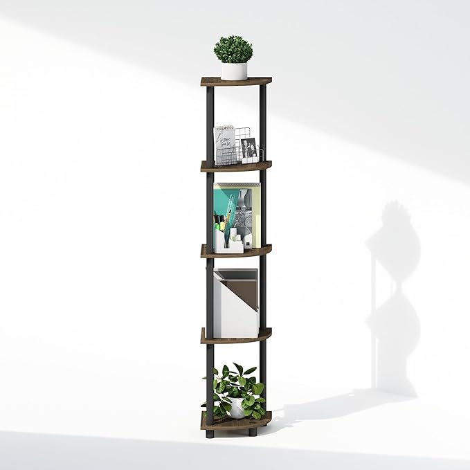 Furinno Turn-N-Tube Storage Shelves, 5-Tier Book Shelf, Corner Shelf, Toolless Open Shelves, for Organization and Storage, Living Room, Home Office, Hallway, Bedroom, Columbia Walnut