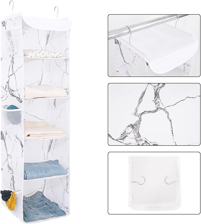 5 Shelves Hanging Closet Organizer, 2 Pack Hanging Storage with 6 Side Pockets for Clothes Shoes, 43"x12"x12"(Marblizing)