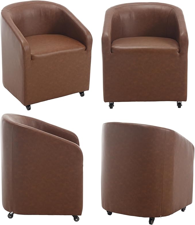 Set of 2 Modern Upholstered Dining Chairs with Swivel Casters, Faux Leather Barrel Back Accent Side Chair for Dining Room Living Room,Brown