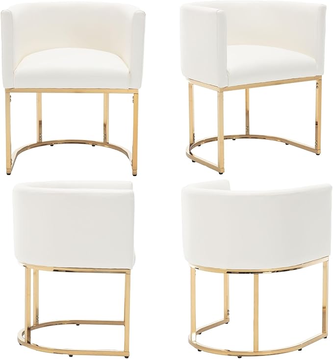 Faux Leather Dining Chairs Set of 2 Modern Barrel Arm Chairs with Golden Metal Frame, Upholstered Kitchen Chairs 18.5" Wide Accent Chairs for Living Room Dining Room Restaurant, White